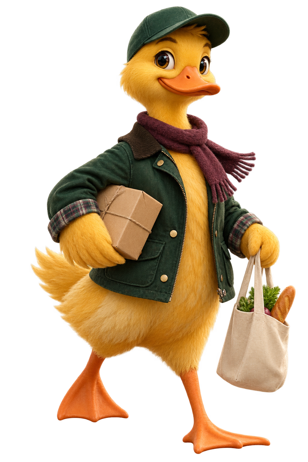 Friendly local courier duck carrying a parcel and shopping bag
